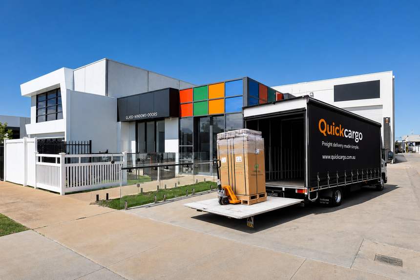 Quickcargo branded truck making a tail-lift pallet delivery