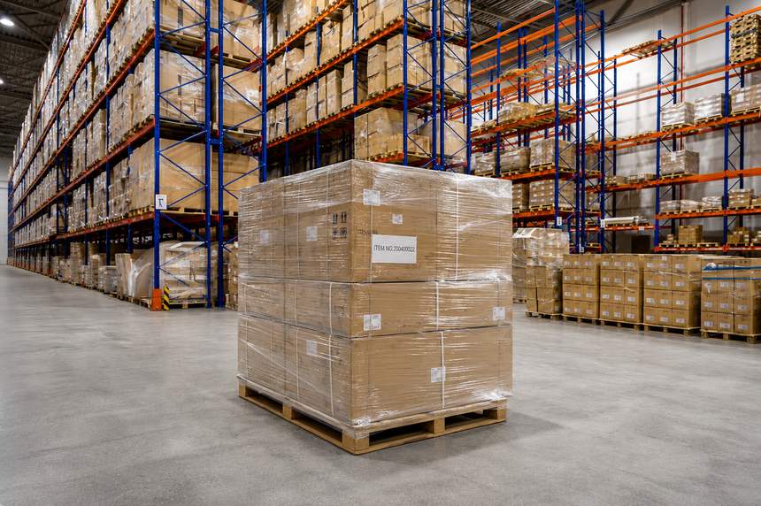 Shrink-wrapped pallet stacked and ready for interstate transport