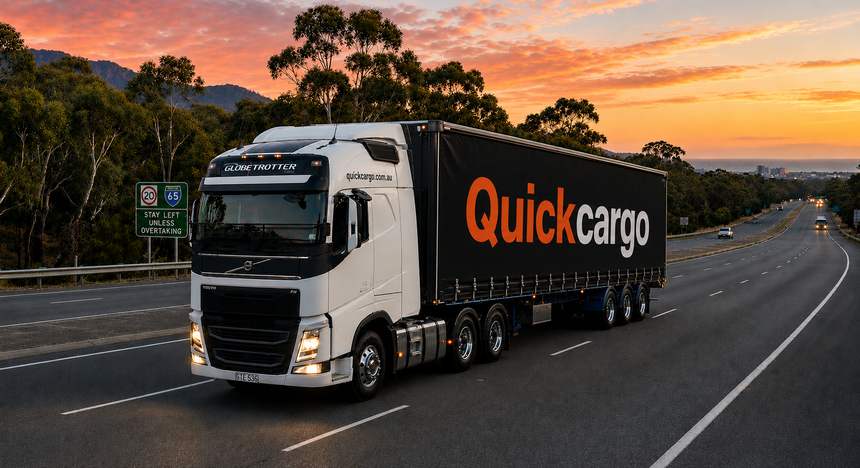 Quickcargo semi-trailer on an interstate highway at dusk